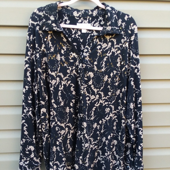 JM Collection 3x Black Tan Lace Pattern Blouse - Picture 1 of 8
